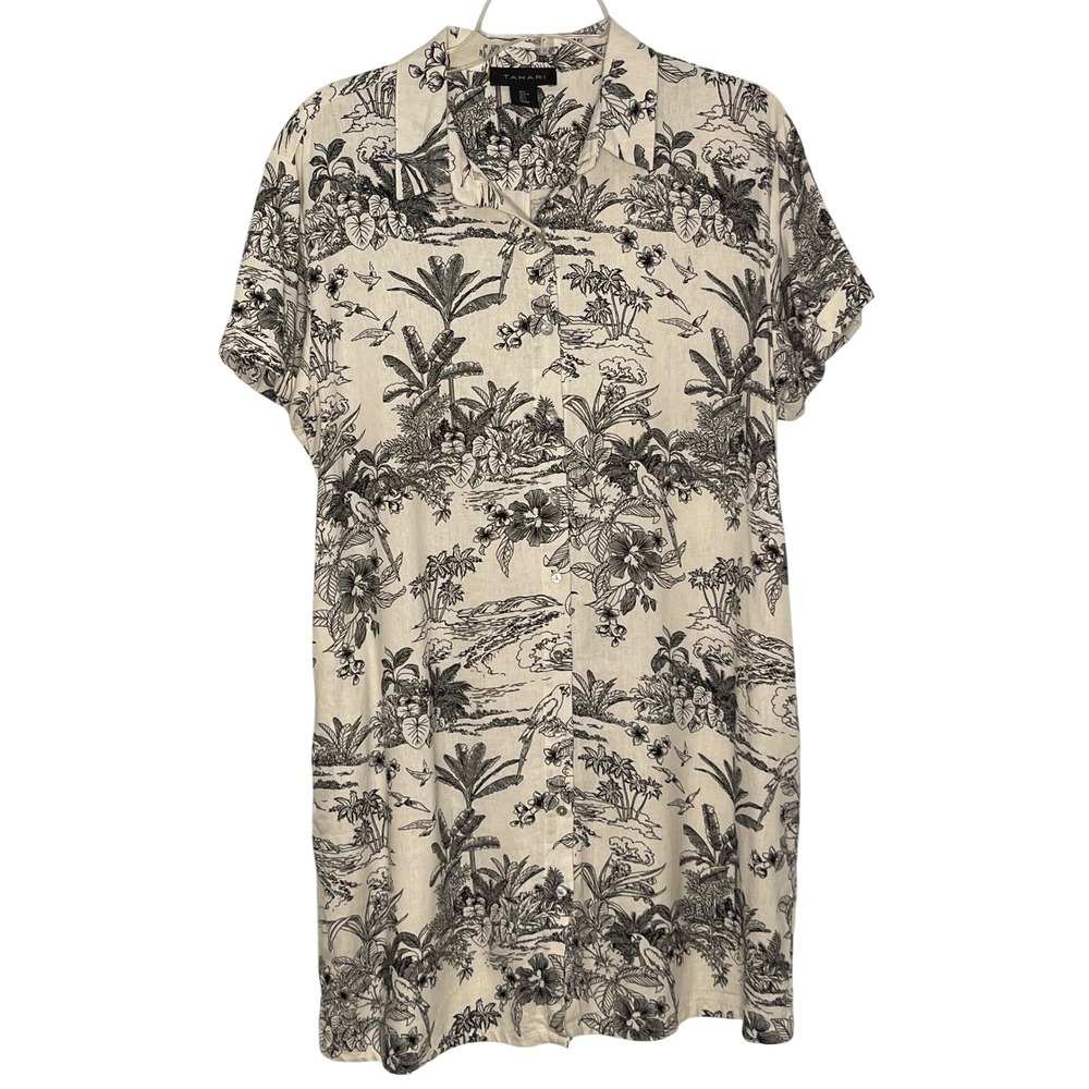 Tahari Women's Large Black White Tropical Toile Linen Blend Button Shirt Dress